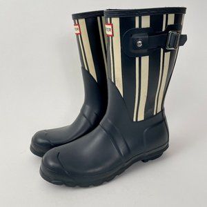 Hunter Original Short Matte Rain Boots, Navy/Cream Stripe, With Boot Socks, Sz 8